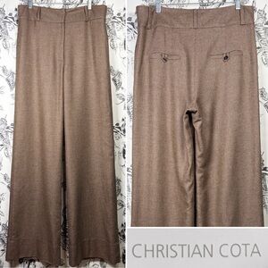 Christian Cota Brown/Black Silk & Cashmere Tweed Wide Leg Trouser Pants, Sz 12